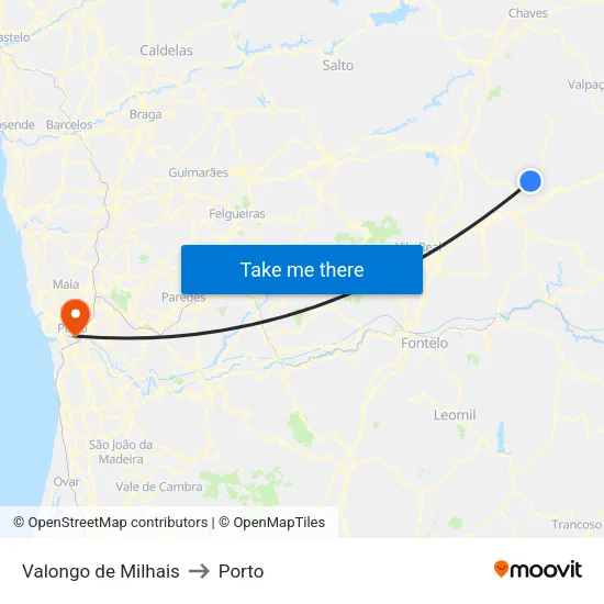 Valongo de Milhais to Porto map