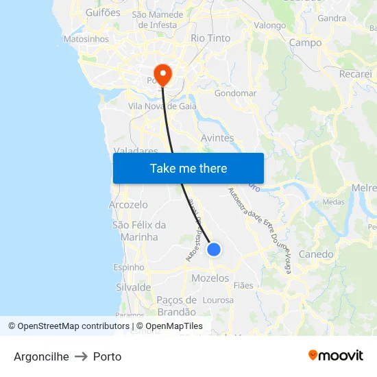 Argoncilhe to Porto map