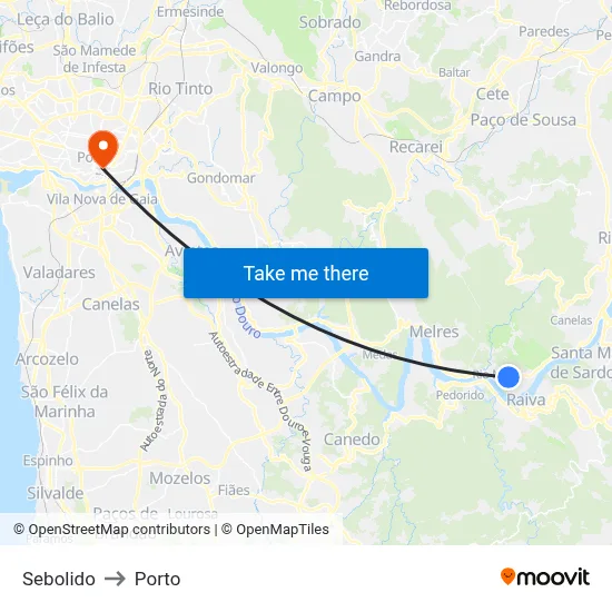 Sebolido to Porto map