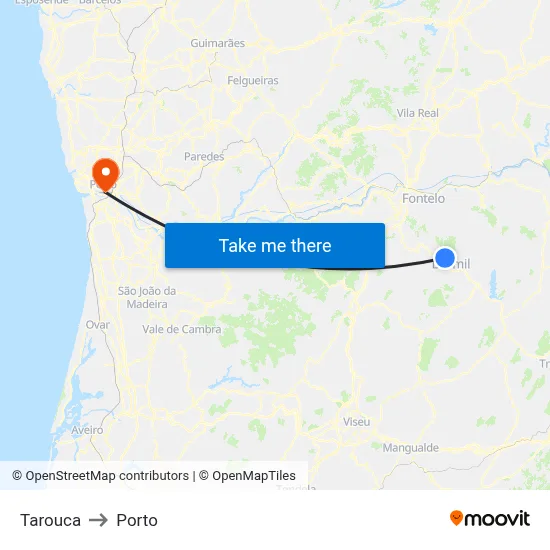 Tarouca to Porto map