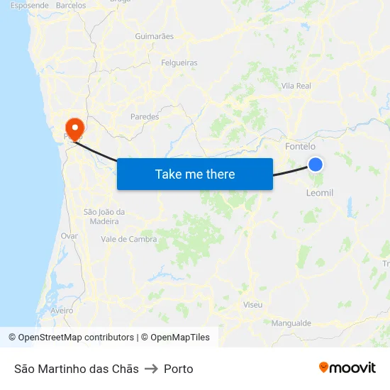 São Martinho das Chãs to Porto map