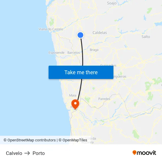 Calvelo to Porto map