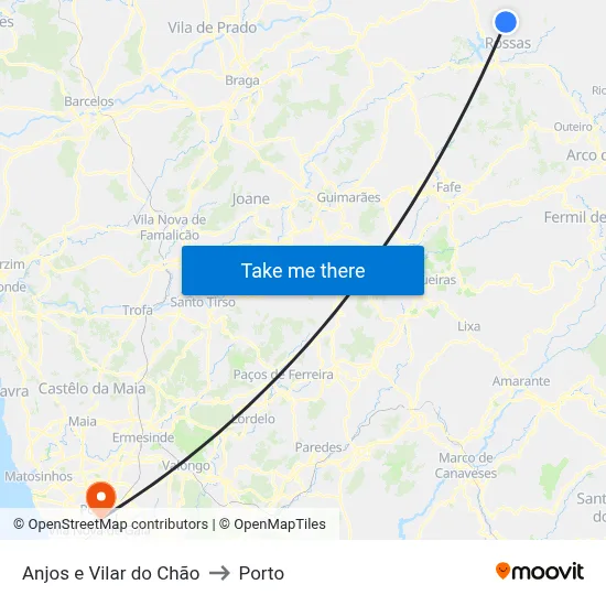 Anjos e Vilar do Chão to Porto map