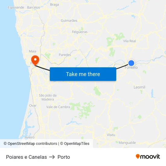 Poiares e Canelas to Porto map