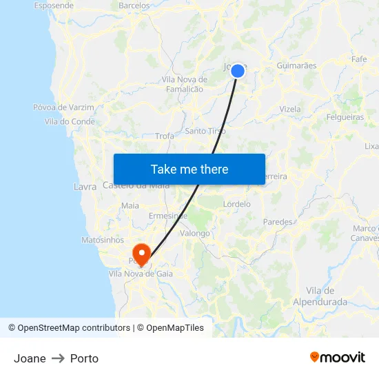 Joane to Porto map