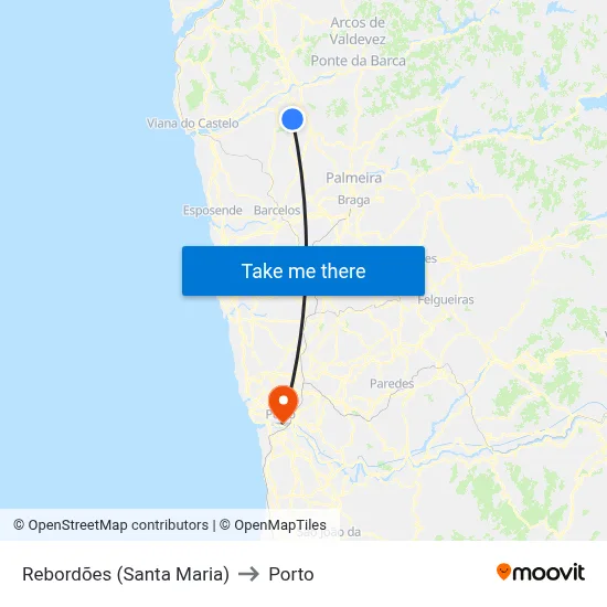Rebordões (Santa Maria) to Porto map