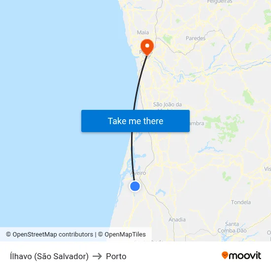 Ílhavo (São Salvador) to Porto map