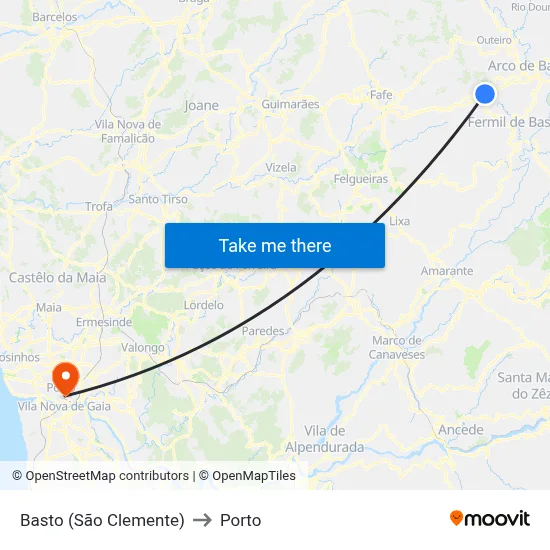 Basto (São Clemente) to Porto map