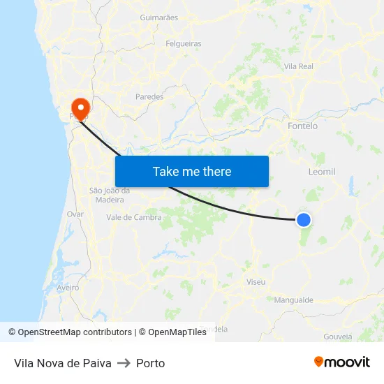 Vila Nova de Paiva to Porto map