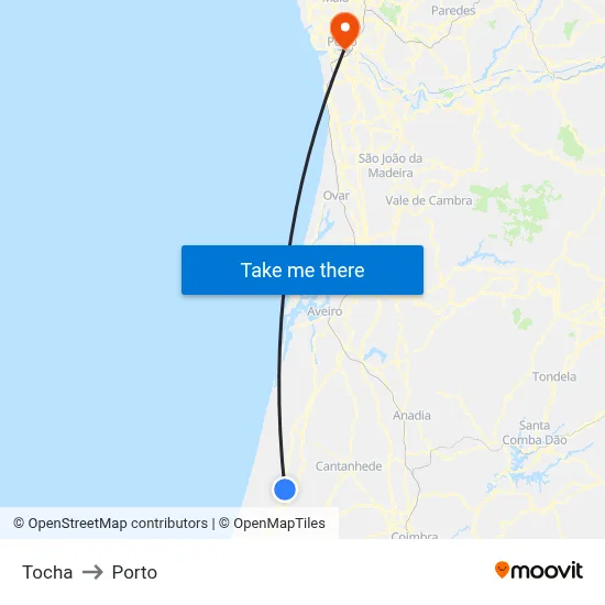 Tocha to Porto map