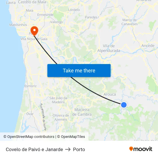 Covelo de Paivó e Janarde to Porto map