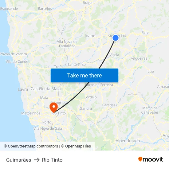 Guimarães to Rio Tinto map