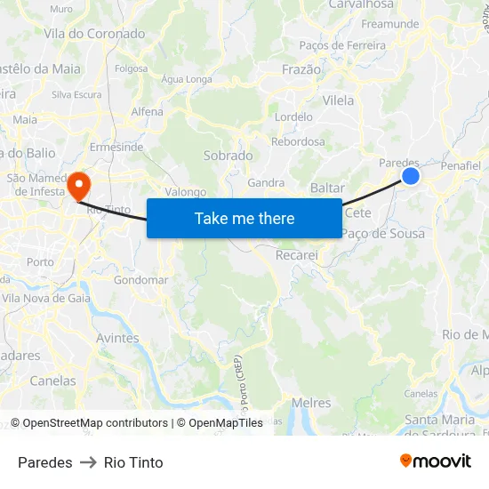 Paredes to Rio Tinto map
