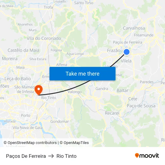 Paços De Ferreira to Rio Tinto map