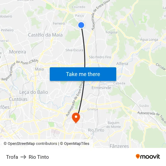 Trofa to Rio Tinto map