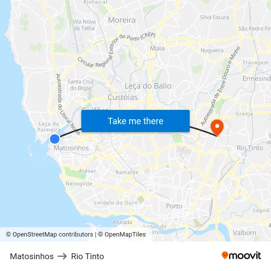 Matosinhos to Rio Tinto map