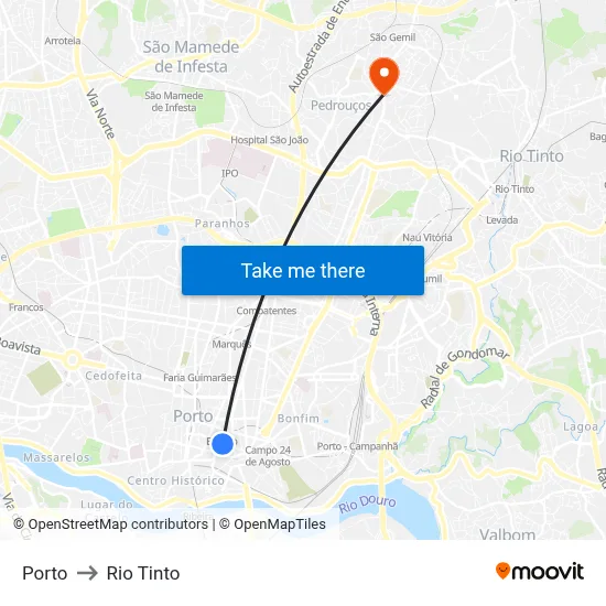 Porto to Rio Tinto map