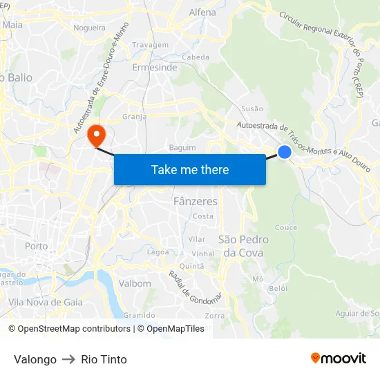 Valongo to Rio Tinto map