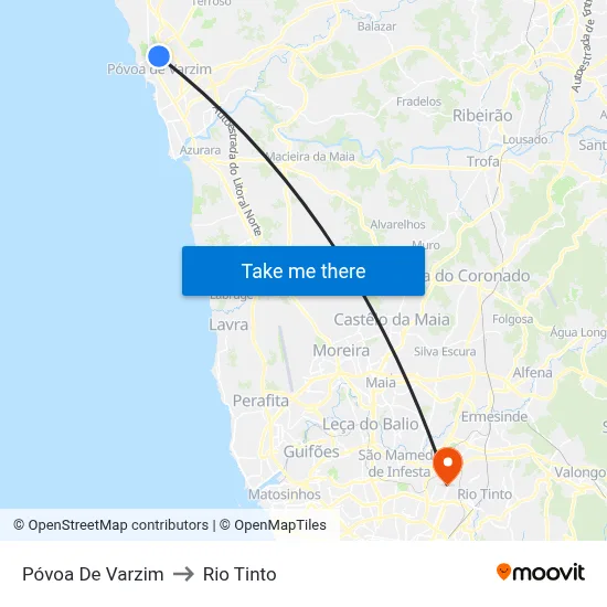 Póvoa De Varzim to Rio Tinto map