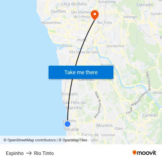 Espinho to Rio Tinto map
