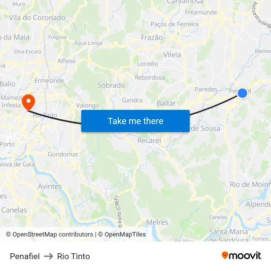 Penafiel to Rio Tinto map
