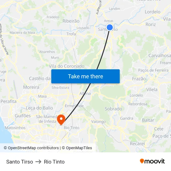 Santo Tirso to Rio Tinto map