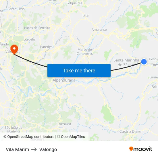 Vila Marim to Valongo map