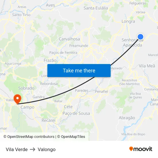 Vila Verde to Valongo map
