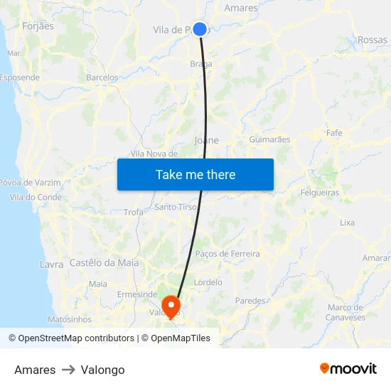 Amares to Valongo map