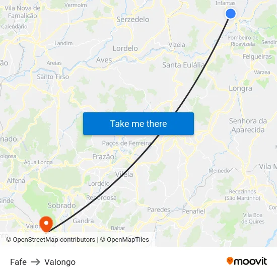 Fafe to Valongo map