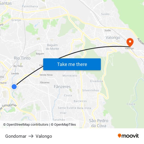 Gondomar to Valongo map