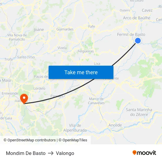 Mondim De Basto to Valongo map