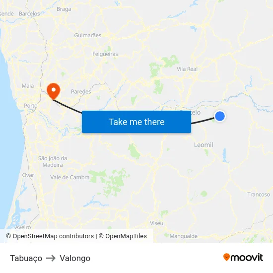Tabuaço to Valongo map