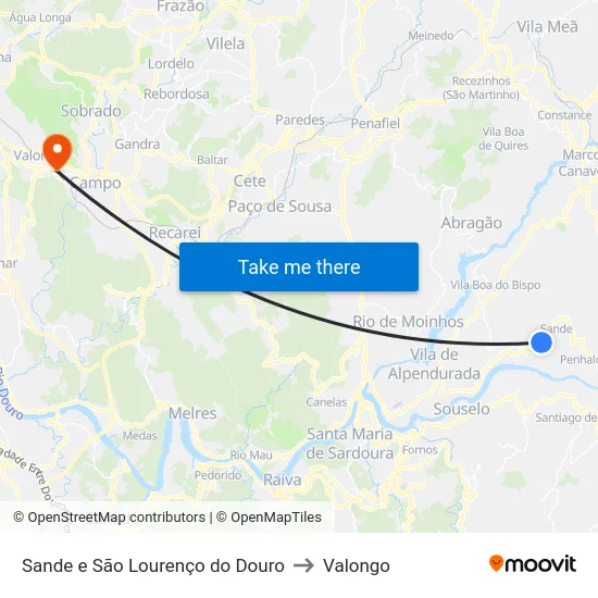 Sande e São Lourenço do Douro to Valongo map