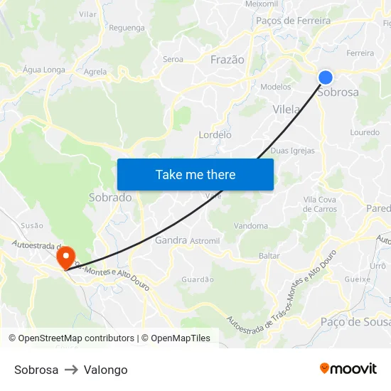 Sobrosa to Valongo map