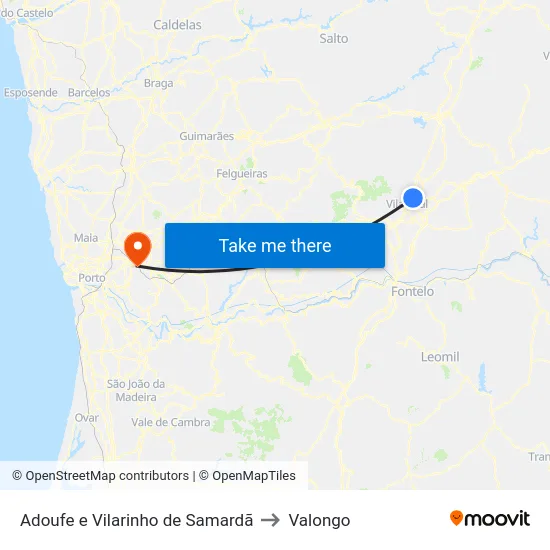 Adoufe e Vilarinho de Samardã to Valongo map