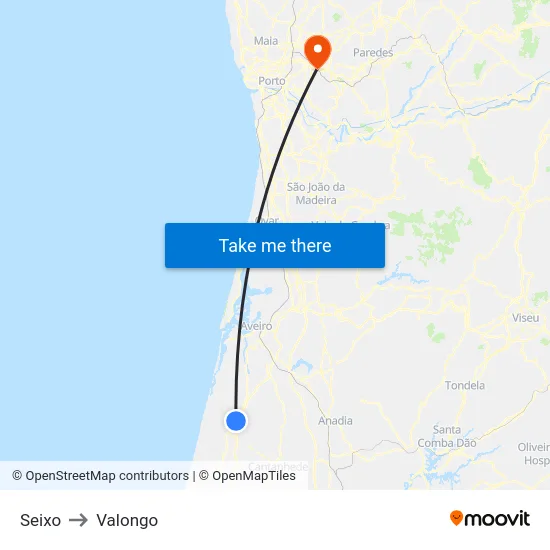 Seixo to Valongo map