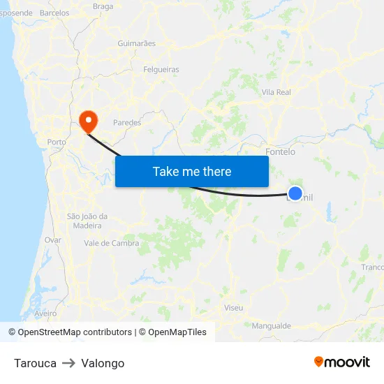 Tarouca to Valongo map