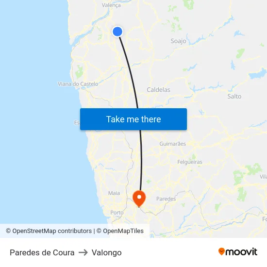 Paredes de Coura to Valongo map