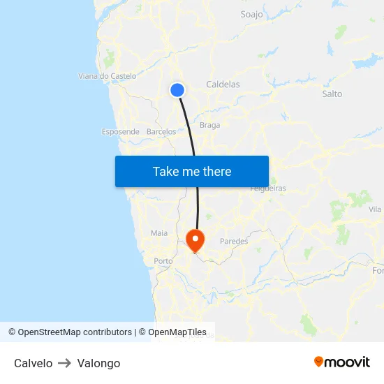 Calvelo to Valongo map