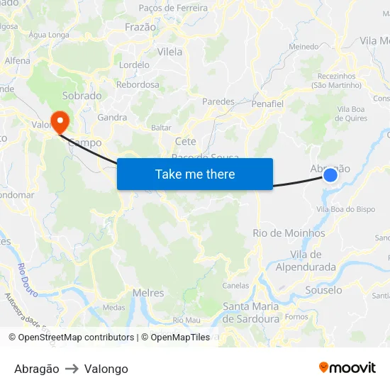 Abragão to Valongo map