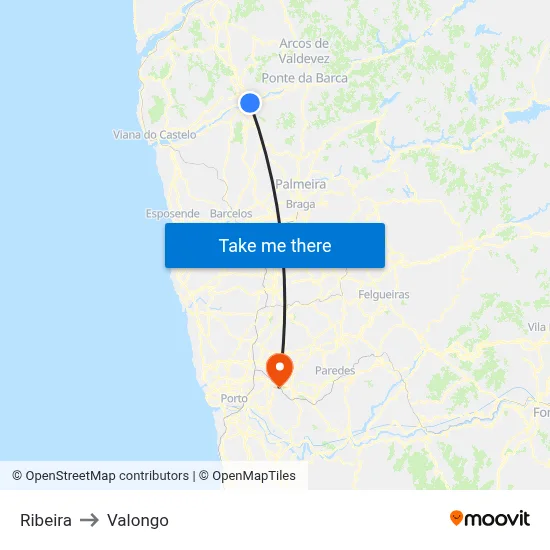 Ribeira to Valongo map
