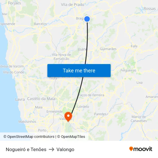 Nogueiró e Tenões to Valongo map
