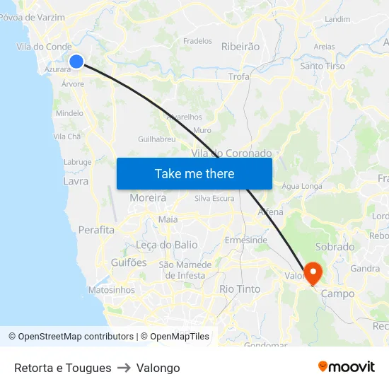 Retorta e Tougues to Valongo map