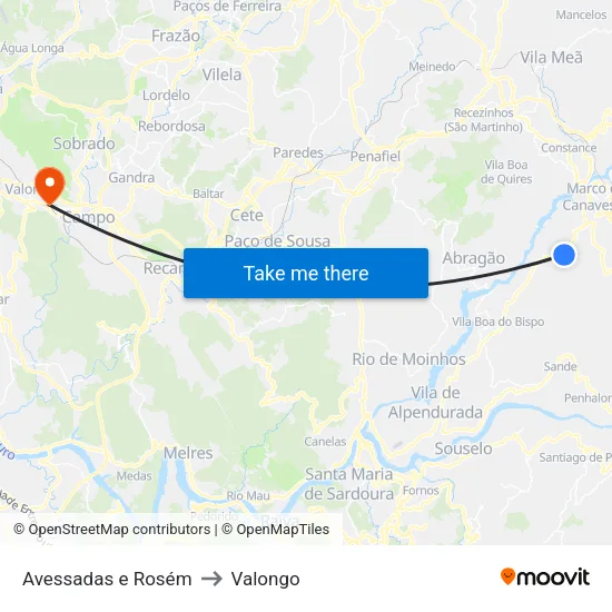 Avessadas e Rosém to Valongo map
