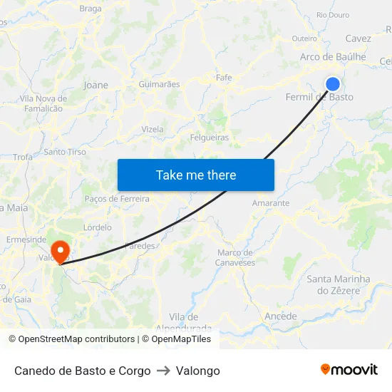 Canedo de Basto e Corgo to Valongo map
