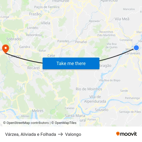 Várzea, Aliviada e Folhada to Valongo map