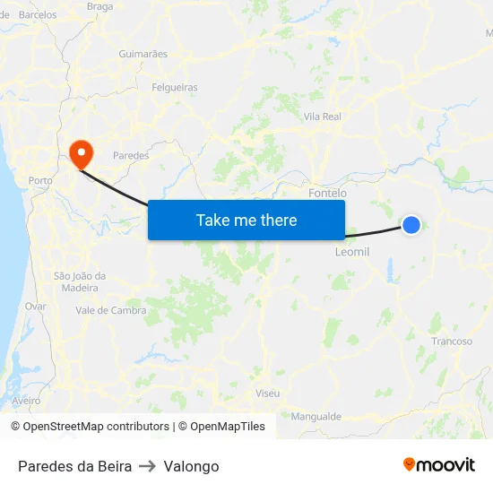 Paredes da Beira to Valongo map