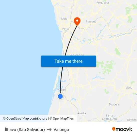 Ílhavo (São Salvador) to Valongo map