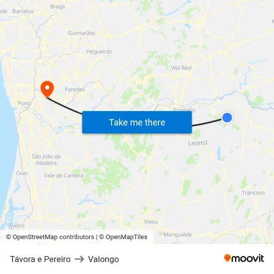 Távora e Pereiro to Valongo map